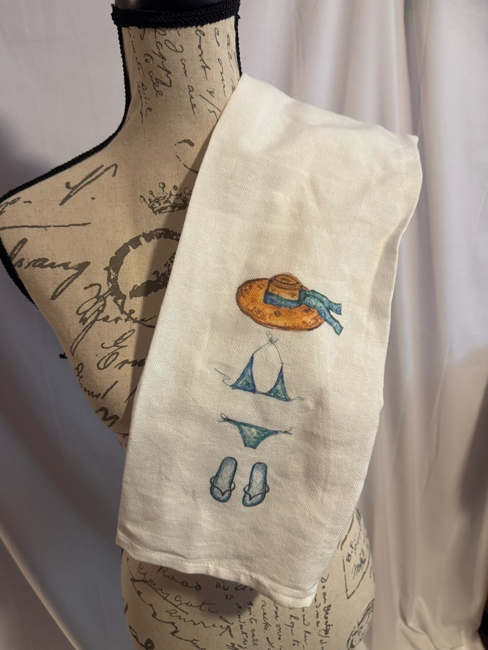 Linen Kitchen Towel white with Summer Bikini & Hat Illustration